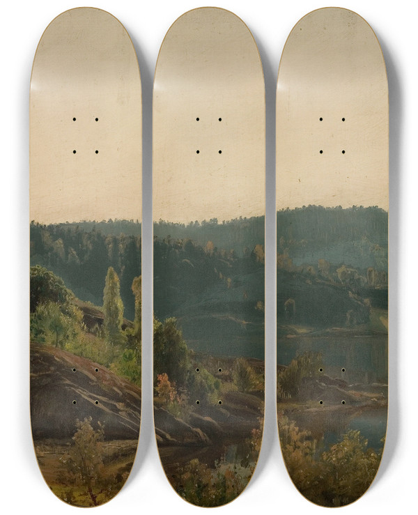 Triptych art skateboard deck of Amaldus Nielsen Fra Mindalen Risr by Amaldus Nielsen (1838-1932)