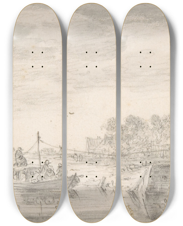 Triptych art skateboard deck of Jan Van Goyen River Scene With Towboat by Jan Van Goyen (1596-1656)