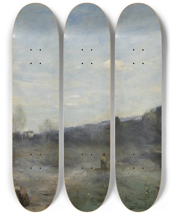 Triptych art skateboard deck of Jeanbaptistecamille Corot Vallons Dfrichs by Jean-Baptiste-Camille Corot (1796-1875)