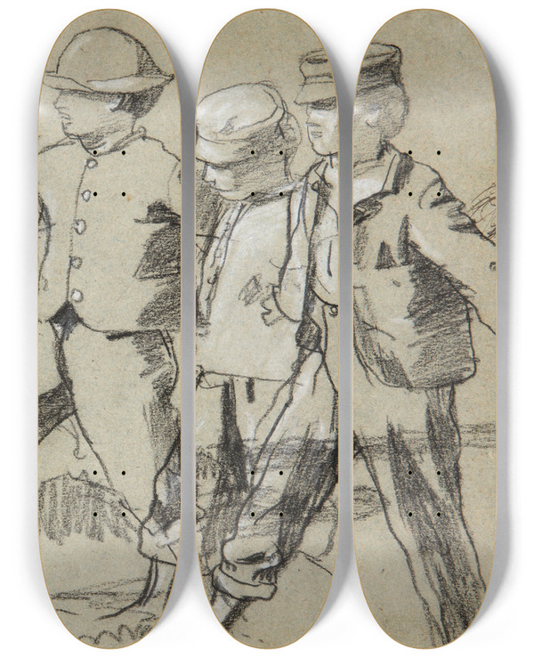 Triptych art skateboard deck of Winslow Homer Study For Snap The Whip by Winslow Homer (1836-1910)