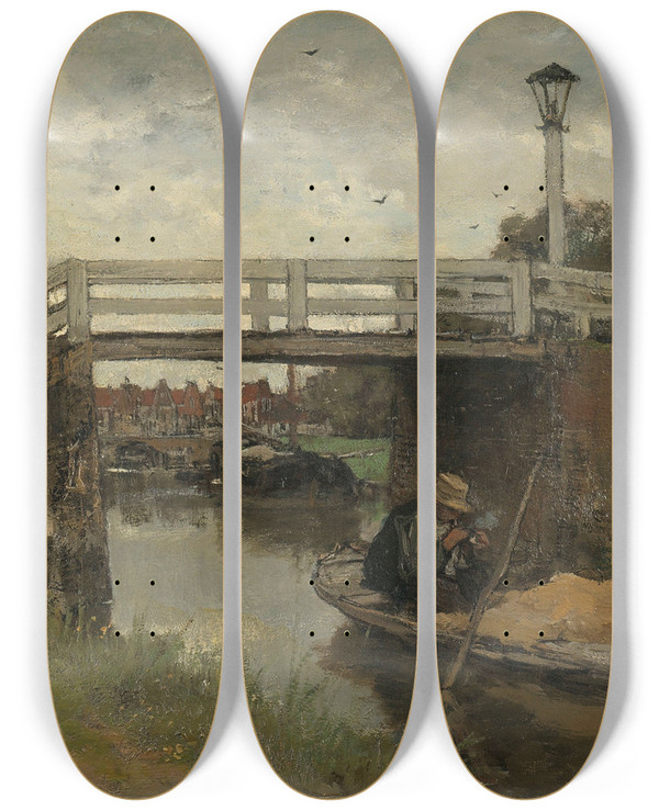 Triptych art skateboard deck of Jacob Maris The Bridge by Jacob Maris (1837-1899)