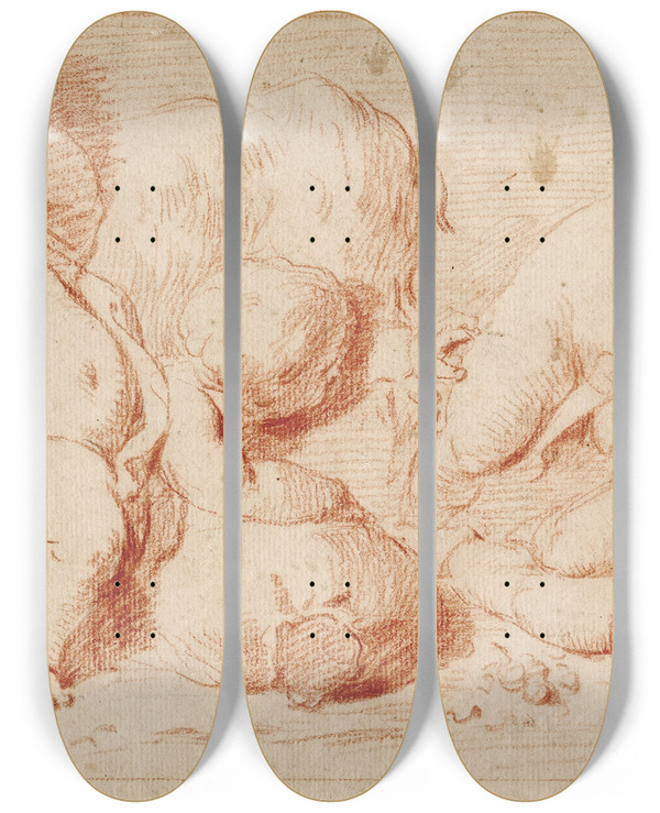 Triptych art skateboard deck of Jacob De Wit Putti In Bacchisch Tafereel 2 by Jacob de Wit (1695-1754)