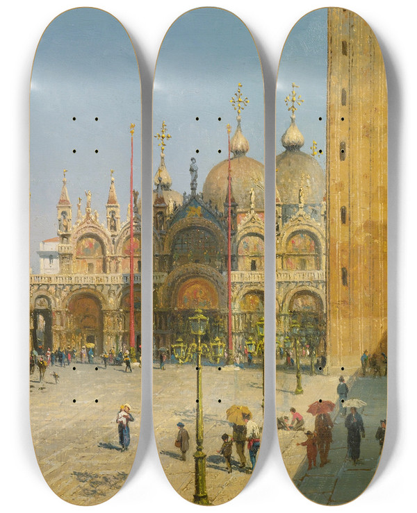 Triptych art skateboard deck of Ercole Calvi Piazza San Marco by Ercole Calvi (1824-1900)