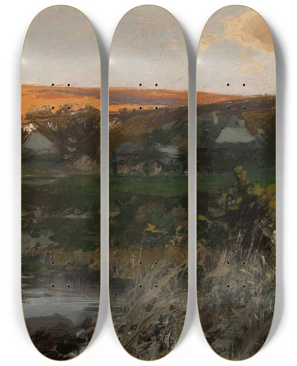 Triptych art skateboard deck of Roman Kazimierz Kochanowski Landscape At Sunset by Roman Kazimierz Kochanowski (1857-1945)