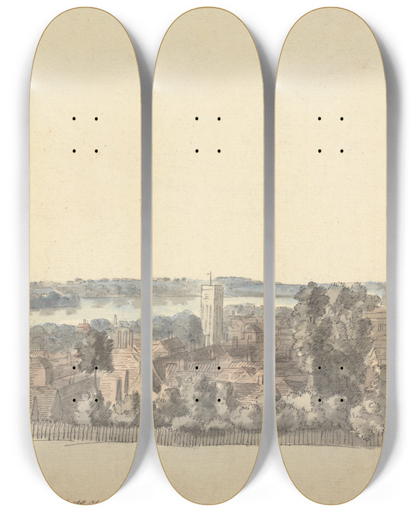 Triptych art skateboard deck of Capt Francis Grose View Of Ipswich Suffolk by Capt Francis Grose (1731-1791)