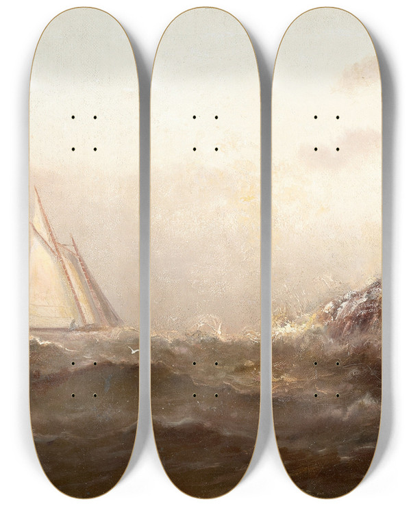 Triptych art skateboard deck of Arthur Quartley Morning Off Marblehead by Arthur Quartley (1839-1886)