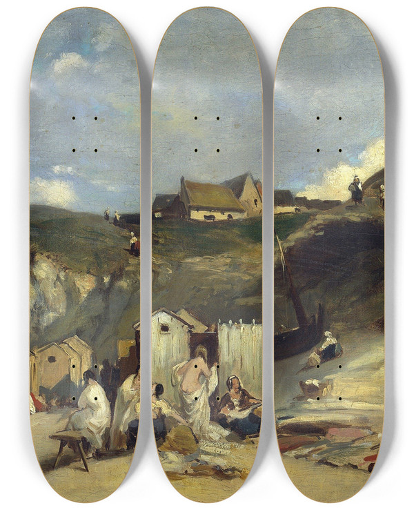 Triptych art skateboard deck of Carl Spitzweg Woman Bath In Dieppe I by Carl Spitzweg (1808-1880)