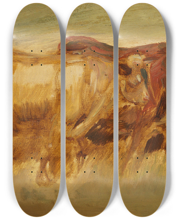 Triptych art skateboard deck of Wilhelm Busch Two Cows In Landscape by Wilhelm Busch (1832-1908)