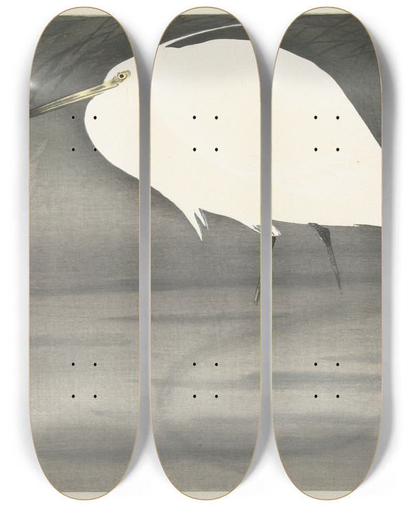 Triptych art skateboard deck of Ohara Koson Egret_1 by Ohara Koson (1877-1945)