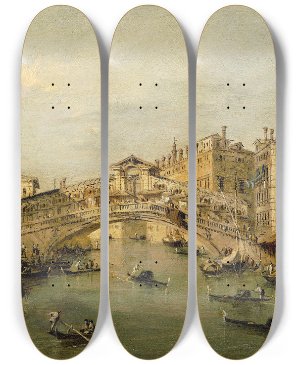 Triptych art skateboard deck of Francesco Guardi Venice The Rialto by Francesco Guardi (1712-1793)