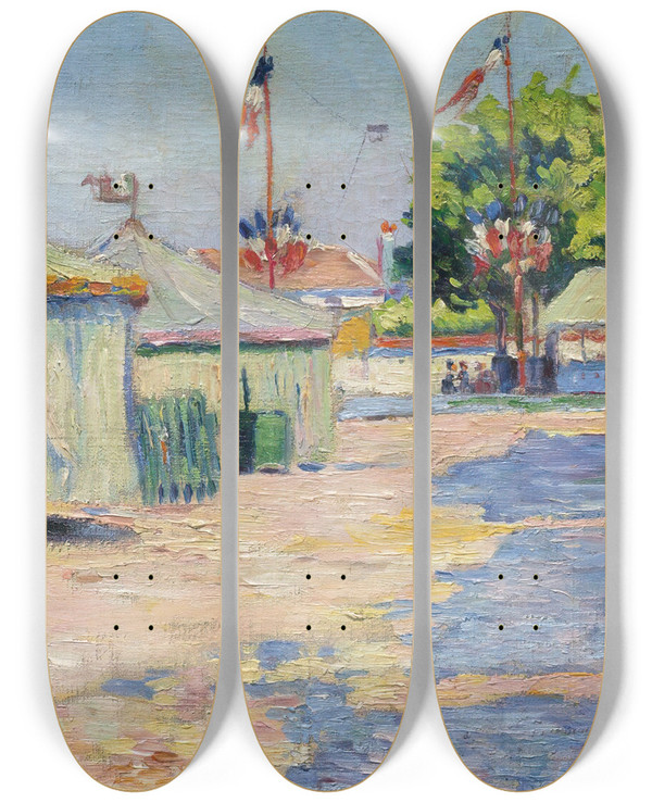 Triptych art skateboard deck of Paul Signac La Fte Dasnires by Paul Signac (1863-1935)