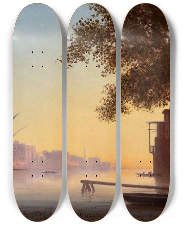Triptych art skateboard deck of Charles Thodore Frre Dhows On The Nile by Charles Theodore Frere (1814-1888)