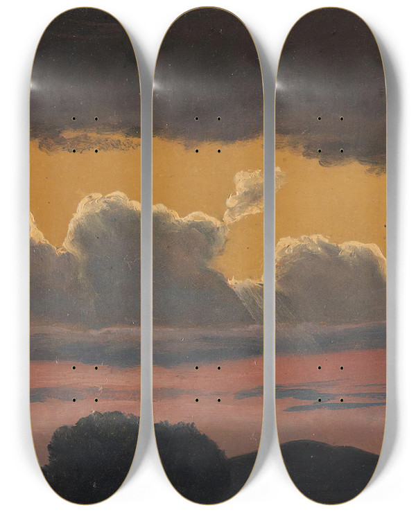 Triptych art skateboard deck of Knud Baade Cloud Study Over Landscape by Knud Baade (1808-1879)