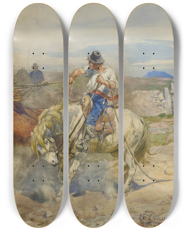 Triptych art skateboard deck of Henry Enrico Coleman Separating A Stallion by Henry Enrico Coleman (1846-1911)