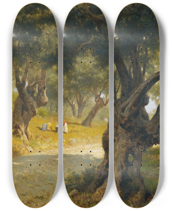 Triptych art skateboard deck of Francesco Lojacono The Olive Grove Palermo by Francesco Lojacono (1838-1915)