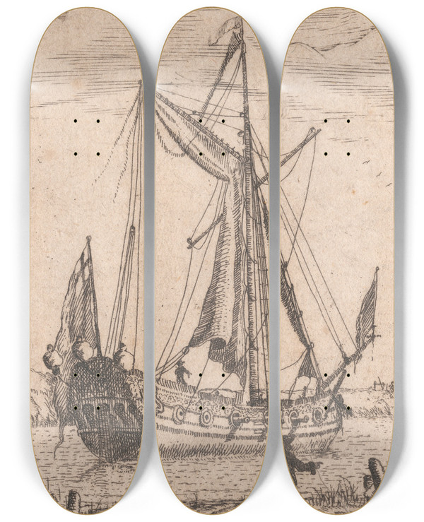 Triptych art skateboard deck of Francis Place On The River Chatham By Shireness by Francis Place