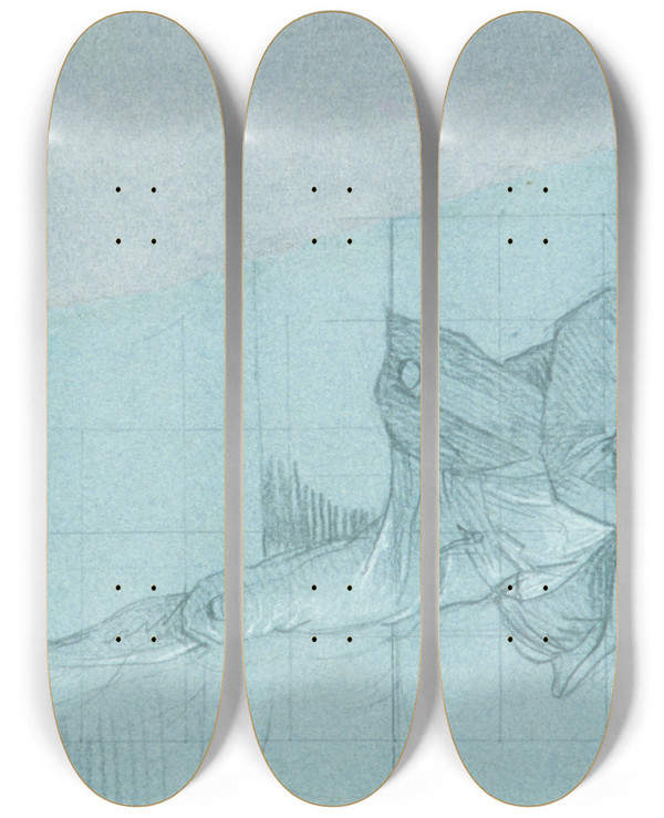 Triptych art skateboard deck of John Singleton Copley Figure Astride Cannon Pulling Down Spanish Colors by John Singleton Copley (1738-1815)