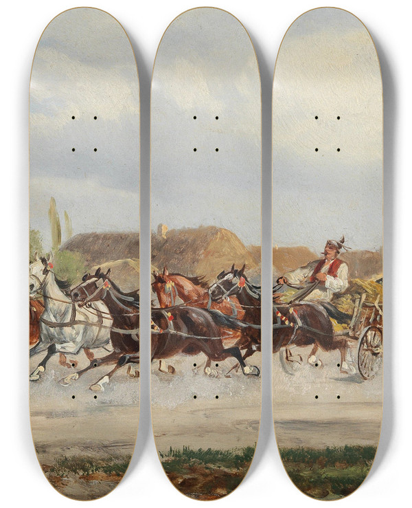 Triptych art skateboard deck of Alfred Steinacker Pferdemarkt by Alfred Steinacker (1838-1914)