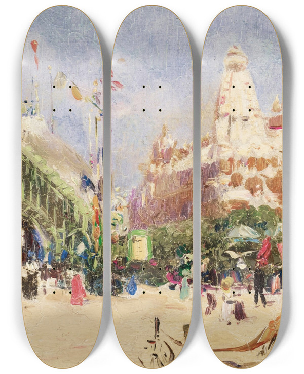 Triptych art skateboard deck of Pietro Scoppetta Le Parc Monceau Pavillon Lexposition Universelle by Pietro Scoppetta (1863-1920)