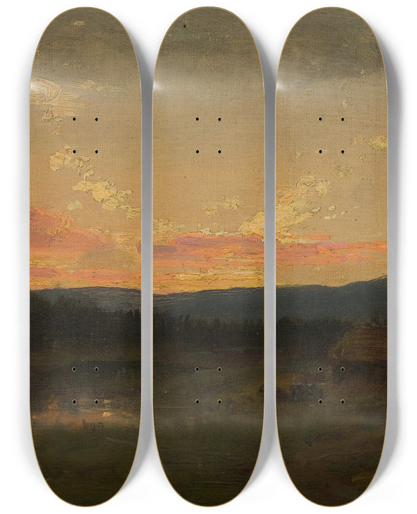 Triptych art skateboard deck of Amaldus Nielsen Solnedgang Ved Seteren by Amaldus Nielsen (1838-1932)