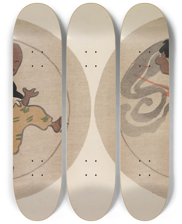 Triptych art skateboard deck of Asai Ch Mokugo Zuansh Pl15 by Asai Ch (1856-1907)