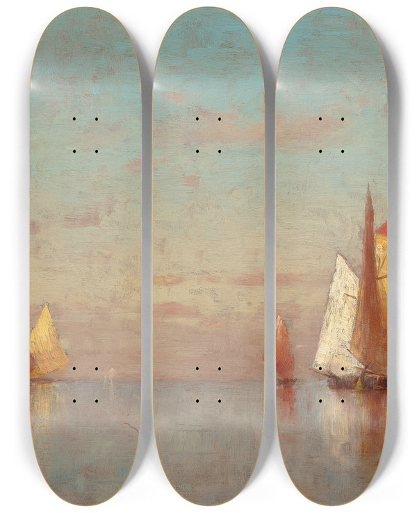 Triptych art skateboard deck of Walter Blackman Sailing On Calm Waters by Walter Blackman (1847-1928)