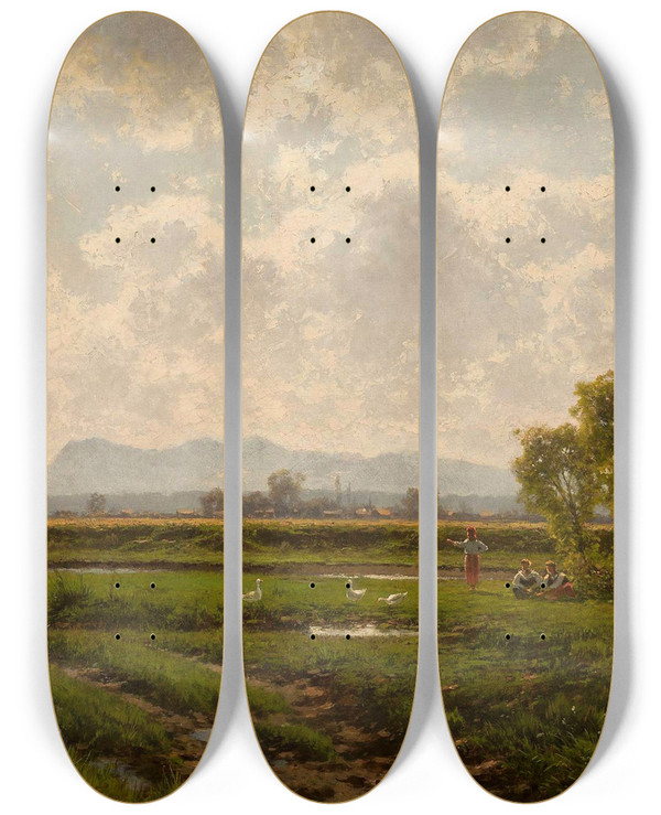 Triptych art skateboard deck of Aleksander Swieszewski Landscape From South Tyrol by Aleksander Swieszewski (1839-1895)