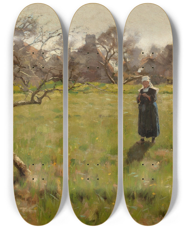 Triptych art skateboard deck of Arthur Wesley Dow Brittany Field With Figure by Arthur Wesley Dow (1857-1922)
