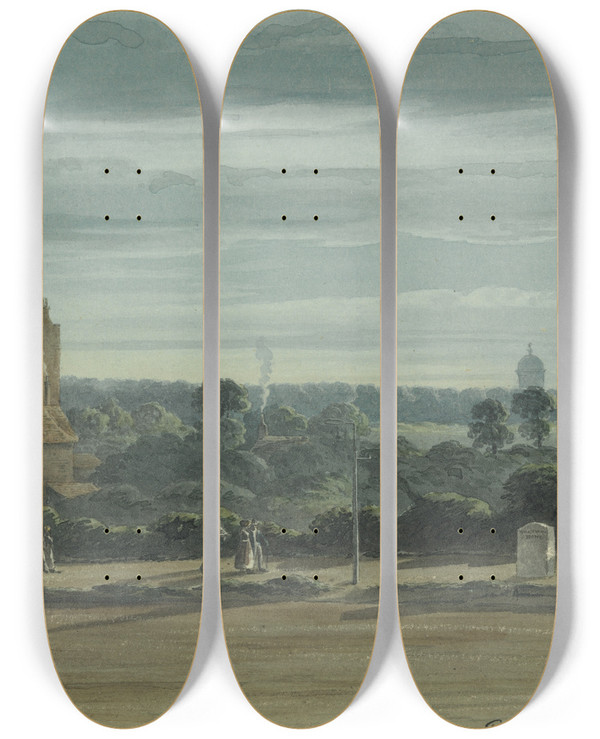 Triptych art skateboard deck of Robert Bremmel Schnebbelie The Whittington Stone By Moonlight by Robert Bremmel Schnebbelie (1781-1847)