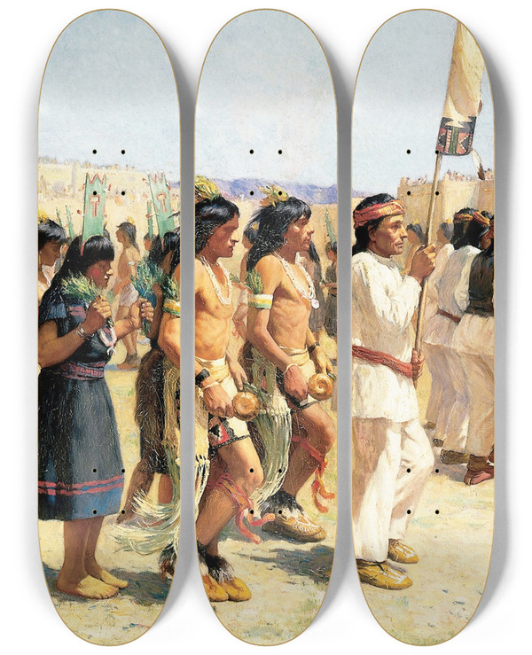 Triptych art skateboard deck of Joseph Henry Sharp The Harvest Dance by Joseph Henry Sharp (1859-1953)