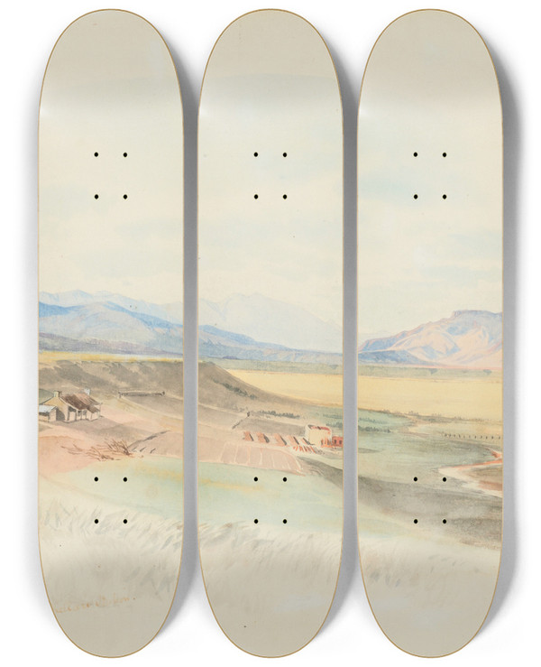 Triptych art skateboard deck of Nicholas Chevalier Mr Mackellars Station The Waimea Plains Southland by Nicholas Chevalier (1828-1902)