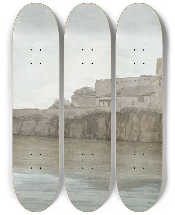 Triptych art skateboard deck of Abrahamlouisrodolphe Ducros Gezicht Op Kasteel Van Brucoli La Bruca by Abraham-Louis-Rodolphe Ducros (1748-1810)