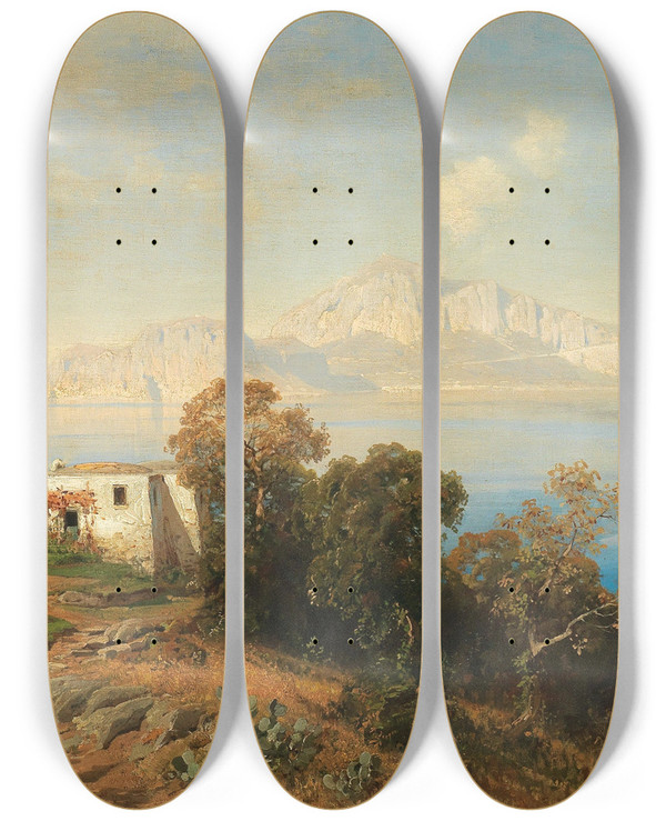 Triptych art skateboard deck of Ascan Lutteroth A View Of Capri by Ascan Lutteroth (1842-1923)