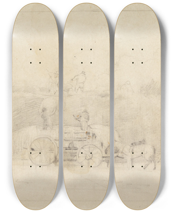 Triptych art skateboard deck of Cornelius Varley Haymakers by Cornelius Varley (1781-1873)