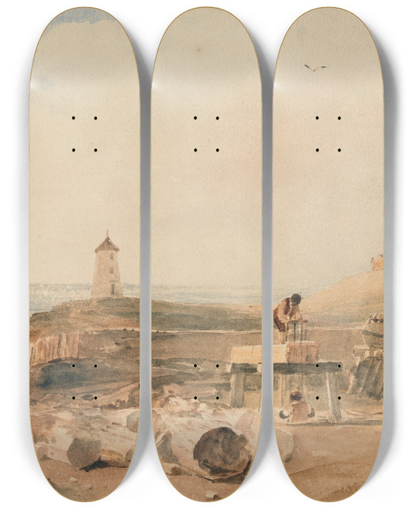 Triptych art skateboard deck of Peter Dewint Shipbuilding On The Yorkshire Coast by Peter Dewint (1784-1849)