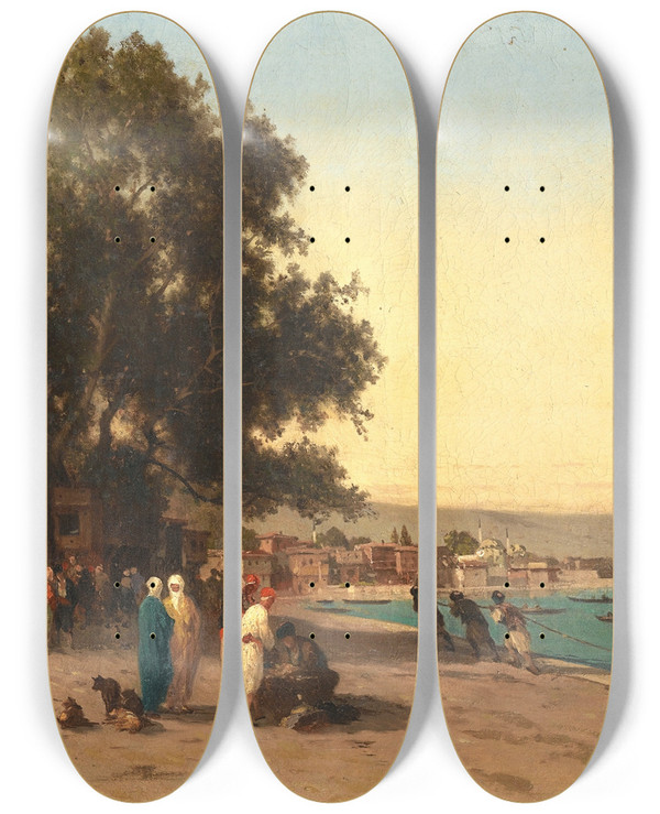 Triptych art skateboard deck of Germain Fabius Brest Onthe Bosphorus by Germain Fabius Brest (1823-1900)