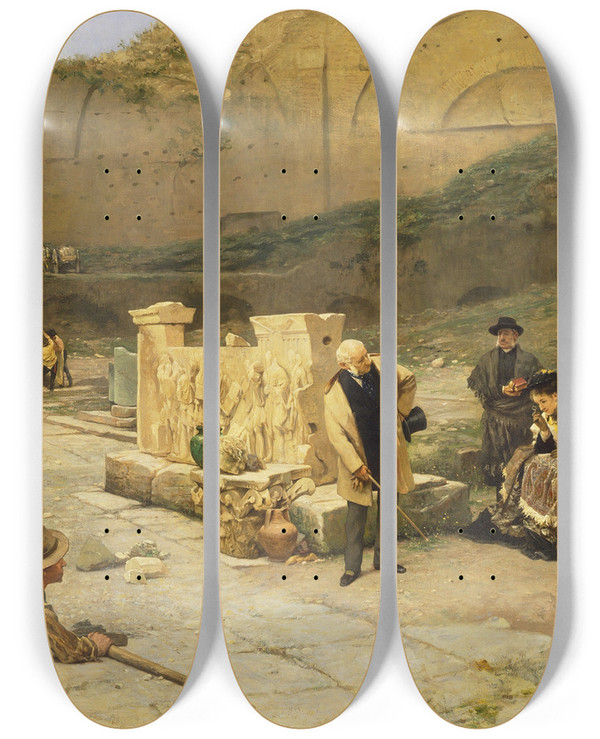 Triptych art skateboard deck of Ferdinand Heilbuth Excavations In Rome by Ferdinand Heilbuth (1826-1889)