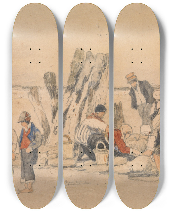 Triptych art skateboard deck of Samuel Prout Fisherfolk On The Beach Ostend by Samuel Prout (1783-1852)