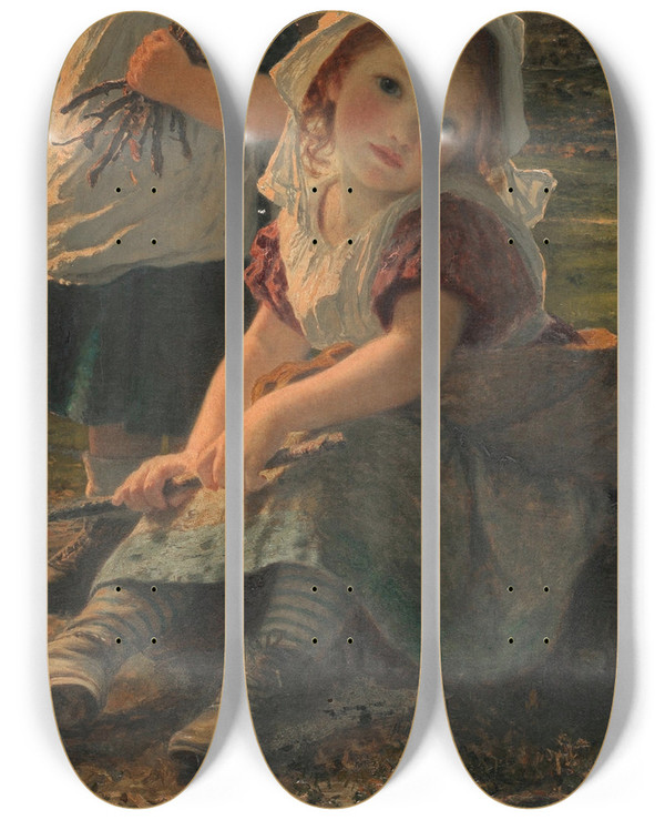 Triptych art skateboard deck of Sophie Anderson The Bonfire_2 by Sophie Anderson (1823-1903)