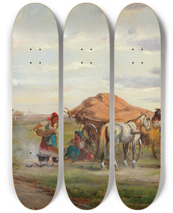 Triptych art skateboard deck of Alfred Steinacker Begegnung Auf Der Landstrae by Alfred Steinacker (1838-1914)