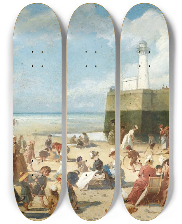 Triptych art skateboard deck of Alcide Thophile Robaudi Scne De Plage En T by Alcide Theophile Robaudi (1850-1928)