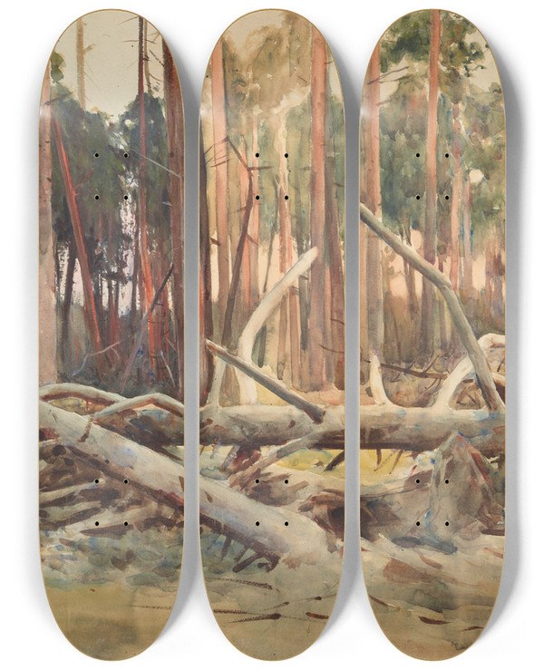 Triptych art skateboard deck of Julian Falat Pine Forest by Julian Falat (1853-1929)