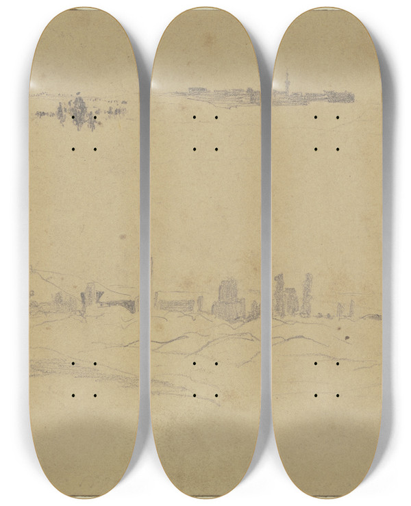 Triptych art skateboard deck of Wilhelm Gentz Zwei Wstenstudien In Der Ferne Eine Stadt by Wilhelm Gentz (1822-1890)
