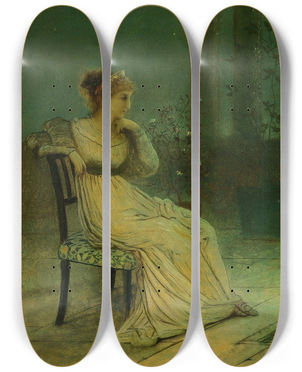 Triptych art skateboard deck of John Atkinson Grimshaw A Classical Maiden Seated On A Terrace By Moonlight by John Atkinson Grimshaw (1836-1893)