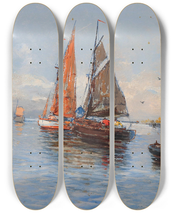 Triptych art skateboard deck of Hans Johann Wagner Fischerboote Ii by Hans Johann Wagner (1866-1940)