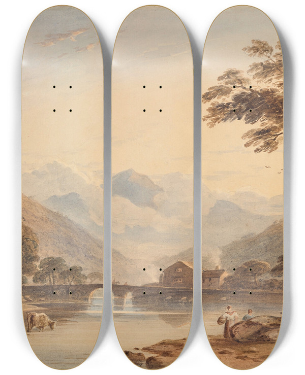 Triptych art skateboard deck of John Varley Beddgelert Bridge With Snowdon Beyond by John Varley (1778-1842)