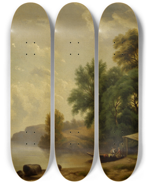 Triptych art skateboard deck of Robert S Duncanson Landscape With Campsite by Robert S Duncanson (1821-1872)