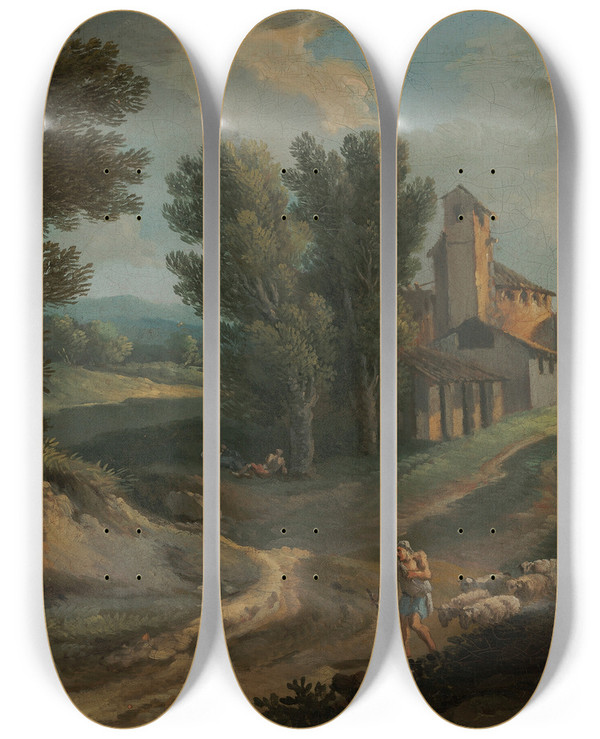 Triptych art skateboard deck of Andrea Locatelli A Shepherd On A Wooded Path by Andrea Locatelli (1695-1741)