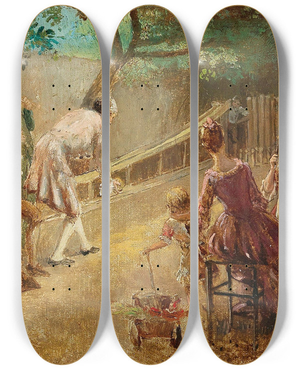 Triptych art skateboard deck of Johann Hamza On The Bowling Lane_2 by Johann Hamza (1850-1927)