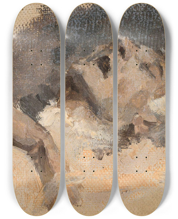 Triptych art skateboard deck of Jan Cigliski Study Of A Deceased Man by Jan Ciaglinski (1858-1913)